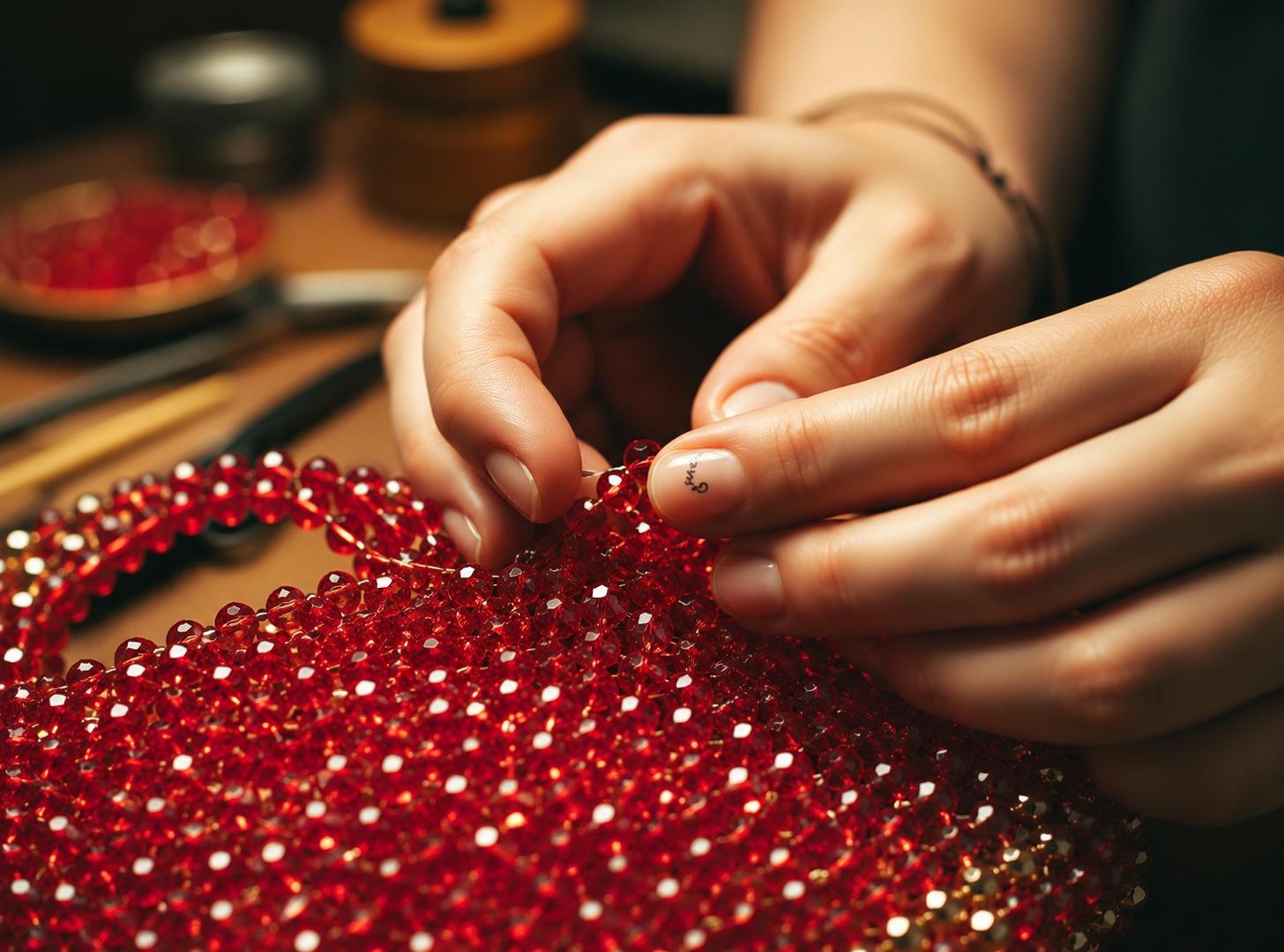 Hands threading red glass beads onto a handmade ENKAY bag